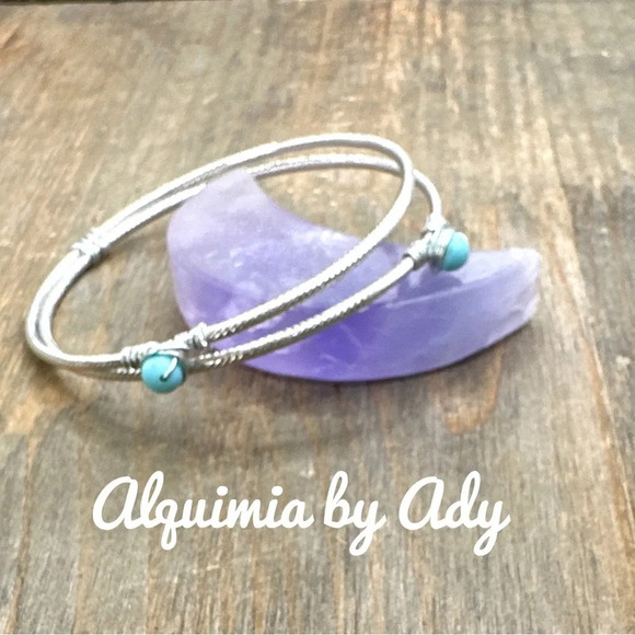 Silver statement tennis bangle set/ jeweled turquoise cowgirl pastel - Picture 2 of 8